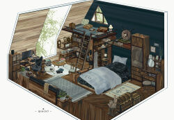Rule 34 | artist name, bed, book, bookshelf, chair, clock, commentary request, computer, cup, desk lamp, indoors, isometric, ladder, lamp, monitor, no humans, original, pillow, plant, potted plant, quacx3, scenery, scroll, shelf, stool, teacup, treasure chest, window