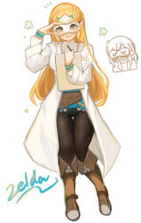 Rule 34 | 1girl, absurdres, adjusting eyewear, black pants, boots, braid, breast pocket, breasts, brown footwear, character name, clipboard, coat, full body, goggles, grin, hair ornament, hairclip, hand up, highres, holding, holding clipboard, knee boots, lab coat, link, long hair, long sleeves, looking at viewer, medium breasts, nintendo, open clothes, open coat, pants, parted bangs, pocket, princess zelda, puffy long sleeves, puffy sleeves, shanodesu, simple background, smile, standing, steel-toe boots, the legend of zelda, the legend of zelda: breath of the wild, thigh gap, tight clothes, tight pants, triforce, white background, white coat