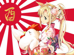 Rule 34 | 1girl, animal, animal ears, bird, blonde hair, blush, breasts, chicken, chinese zodiac, closed mouth, commentary, floral background, flower, fox ears, fox tail, from side, green eyes, hair between eyes, hair ornament, holding, holding animal, japanese clothes, japanese flag, kanzashi, kimono, long hair, medium breasts, new year, obi, original, pink flower, pink kimono, ponytail, rising sun flag, sash, shibamine takashi, smile, solo, sunburst, tail, year of the rooster
