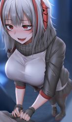 Rule 34 | 1girl, arknights, black footwear, black gloves, black jacket, black pantyhose, black skirt, blush, breasts, commentary, english commentary, eyelashes, fangs, fingerless gloves, foreshortening, from above, full body, ginhaha, gloves, hair between eyes, highres, horn ornament, horns, jacket, large breasts, miniskirt, multicolored hair, open clothes, open jacket, open mouth, pantyhose, pleated skirt, red eyes, red hair, saliva, shirt, shoes, short hair, silver hair, skirt, smile, solo focus, standing, streaked hair, two-tone hair, unzipping, w (arknights), white shirt