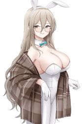 Rule 34 | 1girl, absurdres, akane (blue archive), akane (bunny) (blue archive), animal ears, bare shoulders, blue archive, blush, bow, bowtie, breasts, brown eyes, commentary, detached collar, fake animal ears, glasses, gloves, grin, hair between eyes, halo, hand up, highres, large breasts, leotard, light brown hair, long hair, looking at viewer, pantyhose, plaid, plaid scarf, playboy bunny, rabbit ears, scarf, sidelocks, sleeveless, smile, solo, standing, strapless, strapless leotard, tio (005), white gloves, white leotard, white pantyhose
