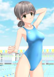 Rule 34 | 1girl, absurdres, aqua one-piece swimsuit, bench, blue one-piece swimsuit, blue sky, blurry, breasts, brown eyes, cloud, collarbone, commentary request, competition swimsuit, cowboy shot, day, depth of field, grey hair, highres, looking to the side, low ponytail, medium breasts, one-piece swimsuit, original, outdoors, painttool sai (medium), pool, poolside, short hair, short ponytail, sky, solo, string of flags, swimsuit, takafumi
