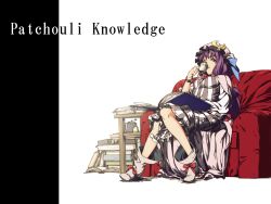 Rule 34 | 1girl, bad id, bad pixiv id, book, boots, bow, breasts, chair, character name, crescent, crescent moon, cup, drinking, female focus, hat, knees, lefthand, medium breasts, moon, patchouli knowledge, purple hair, sitting, solo, striped, touhou