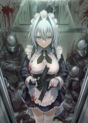Rule 34 | 1girl, 6+others, apron, back bow, baggy pants, beretta 92, black dress, black footwear, black gloves, black jacket, black pants, blood, blood on clothes, blood on face, blue eyes, boots, bow, bowtie, braid, breasts, brown footwear, buttons, chain, closed mouth, collared shirt, commentary, corset, dress, english commentary, equilibrium, floor, frills, gem, gloves, green bow, green bowtie, greenkohgen, grey apron, grey bow, grey hair, grey thighhighs, gun, gunkata, hair between eyes, hair bow, handgun, hands up, helmet, highres, holding, holding weapon, izayoi sakuya, jacket, jewelry, large breasts, light, long sleeves, looking away, lying, maid, maid headdress, mirror, multiple others, on side, panties, pants, pocket, puffy long sleeves, puffy sleeves, shirt, short hair, sitting, standing, thighhighs, touhou, twin braids, underwear, weapon, white shirt, wide sleeves
