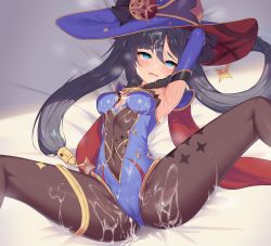 Rule 34 | 1girl, ahegao, arm up, armpits, ass, bad id, bad twitter id, bed sheet, black hair, blue eyes, blue hat, blue leotard, breasts, brown pantyhose, bukkake, cameltoe, commentary, covered navel, cum, cum on body, detached sleeves, genshin impact, gold trim, hat, highres, leotard, long hair, looking at viewer, lying, mona (genshin impact), on back, open mouth, pantyhose, saliva, small breasts, solo, spread legs, thighs, topu, twintails, witch hat