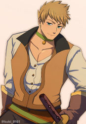 Rule 34 | 1boy, artist name, black pants, blonde hair, blue eyes, brown gloves, choker, collarbone, gloves, green choker, guy cecil, highres, hiota (kuhi 0301), holding, holding sheath, long sleeves, looking at viewer, male focus, pants, pectoral cleavage, pectorals, sheath, sheathed, shirt, short hair, smile, sword, tales of (series), tales of the abyss, upper body, waistcoat, weapon, white background, white shirt