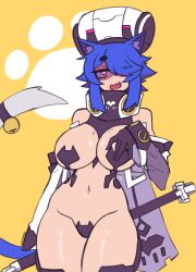 Rule 34 | 1girl, absurdres, animal ear fluff, animal ears, bell, black gloves, blue hair, cape, cat ears, cat girl, cat tail, cowboy shot, detached sleeves, doce, fang, female focus, freckles, freckles on breasts, gloves, hair over one eye, half-closed eyes, highres, jingle bell, navel, open mouth, original, pink eyes, simple background, skin fang, solo, tail, xiao (docecaedrus), yellow background