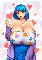 Rule 34 | 1girl, absurdres, bare shoulders, blue hair, blue skirt, breasts, cleavage, commentary, english commentary, erkaz, gigantic breasts, hairband, heart, highres, jacket, jewelry, long sleeves, looking at viewer, necklace, open clothes, open jacket, open mouth, original, purple jacket, red eyes, rina atherina, short hair, skirt, smile, solo