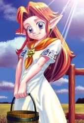 Rule 34 | 1girl, bowser, bucket, cloud, day, dress, eyebrows, eyelashes, fence, light rays, lowres, malon, nintendo, outdoors, pointy ears, purple eyes, red hair, sky, solo, source request, sunbeam, sunlight, the legend of zelda, the legend of zelda: ocarina of time, v arms, white dress