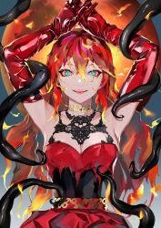 Rule 34 | 1girl, armpits, arms up, breasts, commentary request, cowboy shot, dress, elbow gloves, gloves, highres, lam (ramdayo), looking at viewer, medium breasts, original, parted lips, red dress, red hair, solo, tentacles