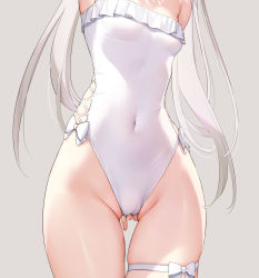 Rule 34 | 1girl, bare hips, bow, breasts, casual one-piece swimsuit, commentary request, covered navel, frilled swimsuit, frills, grey background, groin, highleg, highleg swimsuit, highres, kouhai-chan (mignon), long hair, mignon, one-piece swimsuit, original, silver hair, simple background, small breasts, solo, swimsuit, thigh gap, thigh strap, thighs, white bow