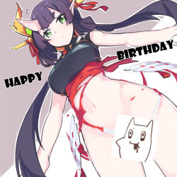 Rule 34 | 1girl, aosora kamiya, blunt bangs, borrowed character, bottomless, breasts, censored, character censor, closed mouth, dutch angle, expressionless, green eyes, grey background, happy birthday, highres, hip focus, horns, large breasts, long hair, looking at viewer, low twintails, navel, novelty censor, oni horns, original, pointy ears, purple hair, single horn, solo, thick eyebrows, thighs, torn clothes, twintails, two-tone background, white background