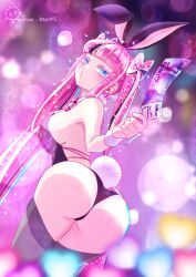 Rule 34 | 1girl, absurdres, alternate hairstyle, artist name, ass, blue eyes, character name, cookie run, highres, holding ticket, humanization, leotard, long hair, looking at viewer, multicolored hair, pink hair, playboy bunny, shining glitter cookie, solo, ticket, twintails, user vpux4444