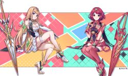 Rule 34 | 2girls, blonde hair, bob cut, breasts, cleavage, cleavage cutout, clothing cutout, highres, jewelry, large breasts, long hair, miniskirt, multiple girls, mythra (xenoblade), pixerite, pyra (xenoblade), red eyes, red hair, skindentation, skirt, sword, weapon, xenoblade chronicles (series), xenoblade chronicles 2, yellow eyes