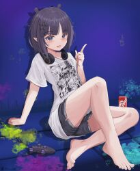 Rule 34 | 1girl, barefoot, black shorts, blue eyes, blunt bangs, blush, breasts, can, controller, drink can, fang, game controller, headphones, highres, hololive, hololive english, looking at viewer, mole, mole under eye, ninomae ina&#039;nis, ninomae ina&#039;nis (loungewear), open mouth, parted bangs, pixie cut, pointing, pointy ears, purple hair, shirt, short hair, short shorts, shorts, skin fang, small breasts, smile, soda can, solo, toes, varo 006, virtual youtuber, white shirt