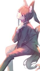 Rule 34 | 1girl, animal ear fluff, black hair, black jacket, black pants, chinese commentary, commentary request, dkl (dinosaurkl2), dog tail, highres, inoue takina, invisible chair, jacket, long hair, long sleeves, looking at viewer, lycoris recoil, pants, parted lips, ponytail, purple eyes, shirt, sidelocks, simple background, sitting, solo, tail, white background, white shirt