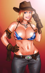 Rule 34 | 1girl, american flag bikini, american flag print, armlet, belt, bikini, bikini top only, blonde hair, blue eyes, breasts, buckle, cleavage, cowboy shot, dead or alive, denim, fedora, flag print, gloves, grin, groin, hand on own hip, hat, highres, jeans, jewelry, large breasts, lipstick, makeup, navel, necklace, pants, print bikini, short sword, simple background, smile, solo, swimsuit, sword, take (draghignazzo), tecmo, tight clothes, tight pants, tina armstrong, weapon