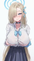 Rule 34 | 1girl, absurdres, asuna (blue archive), bare shoulders, black choker, black skirt, blonde hair, blue archive, blue bow, blue bowtie, blue eyes, blue nails, blue ribbon, blush, bow, bowtie, breast hold, breasts, button gap, choker, cleavage, closed mouth, collarbone, cowboy shot, hair over one eye, hair ribbon, halo, highres, icetea774, large breasts, long hair, long sleeves, looking at viewer, loose bowtie, nail polish, pleated skirt, ribbon, school uniform, scrunchie, simple background, skirt, smile, solo, very long hair, white background, wrist scrunchie
