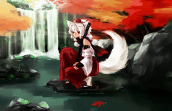 Rule 34 | 1girl, animal ears, autumn leaves, bad id, bad pixiv id, bare shoulders, black scarf, bridal gauntlets, detached sleeves, full body, hat, highres, inubashiri momiji, katana, leaf, looking at viewer, nature, open mouth, piroriking, pom pom (clothes), red eyes, scarf, short hair, solo, sword, tail, tokin hat, touhou, tree, water, waterfall, weapon, wolf ears, wolf tail