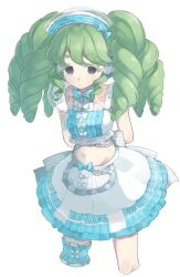 Rule 34 | 1girl, apron, arms behind back, bad id, bad twitter id, bikini, blue bow, blue skirt, bow, center frills, closed mouth, colored eyelashes, commentary request, cowboy shot, cropped legs, falulu, frilled skirt, frills, green hair, grey eyes, headphones, highres, idol clothes, inactive account, long hair, looking at viewer, maid, maid bikini, maid headdress, multicolored clothes, multicolored skirt, navel, pretty series, pripara, shiyurinpu, sidelocks, simple background, skirt, solo, standing, summer maid coord, swimsuit, twintails, unconventional maid, waist apron, white background