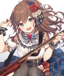 Rule 34 | 1girl, arms up, bad id, bad twitter id, bang dream!, bass guitar, black legwear, black straps, blue flower, blue rose, blue skirt, blush, bow, bowtie, breasts, brown hair, commentary request, cowboy shot, curly hair, daredattakke, detached sleeves, dot nose, dress, flower, frilled dress, frilled sleeves, frills, gem, green eyes, guitar, hair between eyes, hair flower, hair ornament, hair ribbon, half updo, holding, holding instrument, imai lisa, instrument, layered skirt, light particles, long hair, looking at viewer, medium breasts, open mouth, pearl (gemstone), plectrum, ponytail, red flower, red rose, ribbon, rose, sash, scrunchie, short sleeves, sidelocks, simple background, skirt, smile, solo, strap, striped, white background, white dress, white flower, white rose, wrist scrunchie