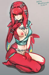 Rule 34 | 1girl, blush, bottomless, breasts, looking at viewer, mina cream, mipha, nintendo, nipples, one breast out, small breasts, smile, solo, the legend of zelda, the legend of zelda: breath of the wild, zora