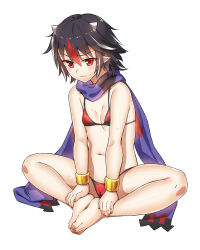 Rule 34 | 1girl, bad id, bad pixiv id, barefoot, bikini, black hair, bobomaster, breasts, breasts squeezed together, cameltoe, cone horns, cuffs, feet, feet together, full body, grey horns, highres, horns, kijin seija, knees apart feet together, micro bikini, multicolored hair, navel, oni horns, pointy ears, print bikini, red eyes, scarf, shackles, simple background, sitting, small breasts, smile, solo, spread legs, streaked hair, sweat, swimsuit, toes, touhou