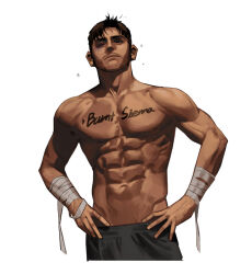 Rule 34 | 1boy, abs, bandaged arm, bandages, beard stubble, biceps, black hair, black pants, expressionless, facial hair, highres, looking at viewer, male focus, muscular, muscular male, original, pants, pectorals, rinotuna, short hair, simple background, solo, stubble, white background