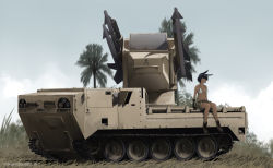 Rule 34 | 1girl, artist name, bikini, black hair, boots, breasts, brown footwear, camouflage, camouflage shorts, caterpillar tracks, cleavage, dated, dead-robot, grass, looking at viewer, military, military vehicle, mim-72 chaparral, missile, missile pod, original, outdoors, palm tree, short hair, shorts, sitting, solo, swimsuit, tree, twitter username, vehicle focus, watermark, white bikini