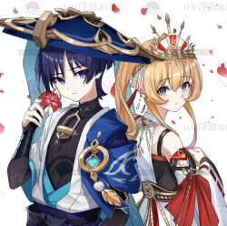 Rule 34 | 1boy, 1girl, 6753951969, blonde hair, blue eyes, blue hair, chinese commentary, commentary request, commission, couple, falling petals, flower, genshin impact, hair between eyes, hand up, hat, headpiece, highres, holding, holding flower, japanese clothes, long hair, looking at viewer, looking back, original, petals, red flower, simple background, standing, twintails, white background