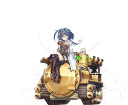 Rule 34 | 1girl, black footwear, blue eyes, blue hair, boots, coat, crossed legs, glasses, grin, hair ornament, hairclip, highres, holding, knee boots, lab coat, long hair, long sleeves, looking at viewer, makina (sennen sensou aigis), matching hair/eyes, military, military vehicle, motor vehicle, nanaroku (fortress76), official art, open clothes, open coat, rimless eyewear, sennen sensou aigis, sitting, smile, solo, tank, test tube, thigh strap, transparent background