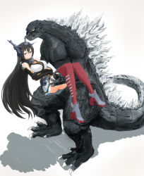 Rule 34 | 10s, 1girl, black hair, breasts, carrying, commentary request, crossed arms, crossover, godzilla, godzilla (series), headgear, highres, kantai collection, large breasts, long hair, looking at viewer, monster, nagato (kancolle), okamura (okamura086), okamura (pixiv22341), princess carry, red eyes, red thighhighs, sharp teeth, simple background, smirk, teeth, thighhighs, thighs, trait connection, very long hair, white background