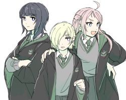 Rule 34 | 3girls, ahoge, annoyed, asaka karin, behind another, black hair, blonde hair, blue eyes, blunt bangs, closed mouth, commentary request, crossed arms, earclip, hand on another&#039;s shoulder, hand on own hip, harry potter (series), highres, hogwarts school uniform, long hair, looking at viewer, looking to the side, love live!, love live! nijigasaki high school idol club, medium hair, mia taylor, mole, mole under eye, multiple girls, one eye closed, open mouth, pink hair, purple eyes, school uniform, short hair, sidelocks, sketch, slytherin, smile, solllolll, two side up, white background, wizarding world, zhong lanzhu