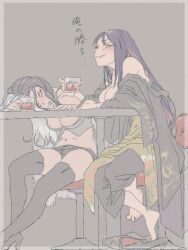 Rule 34 | 2girls, absurdres, alcohol, black coat, black dress, black hair, black shorts, blush, boots, breasts, china dress, chinese clothes, cleavage, closed mouth, coat, colored inner hair, cup, dress, drunk, earrings, floral print, goddess of victory: nikke, highres, holding, holding cup, jewelry, large breasts, long hair, long sleeves, mero (ilsttkgbz11), moran (nikke), multicolored hair, multiple girls, parted hair, red eyes, red hair, rosanna (nikke), shorts, sitting, smile, split-color hair, table, tassel, tassel earrings, thigh boots, two-tone dress, white hair, yellow dress