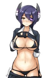 Rule 34 | 10s, 1girl, bikini, black bikini, blush, breasts, clothes lift, don (29219), eyepatch, female focus, headgear, kantai collection, large breasts, lifting own clothes, looking at viewer, navel, purple hair, shirt lift, short hair, simple background, solo, swimsuit, tenryuu (kancolle), white background, yellow eyes