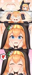 Rule 34 | !, 1girl, ?, absurdres, animal ears, animal hood, blue archive, blue eyes, blush, cat ears, cat hood, closed eyes, closed mouth, hand on another&#039;s face, heart, highres, hood, looking at viewer, mari (blue archive), nun, open mouth, red hair, smile, spoken heart, yolo generations