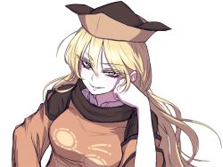 Rule 34 | 1girl, blonde hair, breasts, clenched hand, colored eyelashes, commentary request, detached sleeves, grin, hair between eyes, hand up, hat, highres, large breasts, long hair, long sleeves, looking at viewer, matara okina, miata (miata8674), parted lips, simple background, smile, solo, tabard, touhou, upper body, white background, wide sleeves, yellow eyes