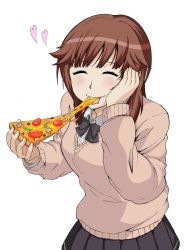 Rule 34 | amagami, artist request, blush, brown hair, closed mouth, eating, closed eyes, food, food in mouth, hand on own cheek, hand on own face, heart, highres, pizza, pizza slice, sakurai rihoko, school uniform, skirt, smile, solo focus