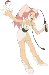 Rule 34 | &gt;:d, 1girl, :d, ace trainer (pokemon), ankle boots, bare arms, bent over, blue eyes, boots, breasts, cleavage, collarbone, collared dress, creatures (company), dress, facing away, full body, game freak, hair intakes, holding, holding weapon, holding whip, leaning forward, long hair, looking away, looking to the side, medium breasts, nintendo, npc trainer, open mouth, orange hair, poke ball, poke ball (basic), pokemon, pokemon rgby, shigino sohuzi, shoes, short dress, short sleeves, simple background, smile, solo, tareme, tongue, underbust, v-shaped eyebrows, weapon, whip, white background, white dress, white footwear
