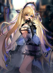 Rule 34 | 1girl, absurdres, arknights, black collar, black gloves, blonde hair, blue dress, blurry, blurry background, breasts, collar, dress, feet out of frame, finger to mouth, frills, gloves, headgear, highres, indigo (arknights), infection monitor (arknights), long hair, medium breasts, mouth hold, pointy ears, purple eyes, shenyuheimao, sideboob, solo, very long hair