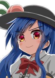 Rule 34 | 1girl, black hat, blouse, blue hair, blush, bow, bowtie, breasts, center frills, closed mouth, collared shirt, commentary request, doyagao, eyes visible through hair, food, frills, fruit, hat, hinanawi tenshi, long hair, looking at viewer, multicolored eyes, orange eyes, peach, pink eyes, puffy short sleeves, puffy sleeves, red bow, red bowtie, shirt, short sleeves, smile, smug, solo, sugiyama ichirou, touhou, upper body, v-shaped eyebrows, white shirt, wing collar