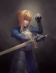 Rule 34 | 1girl, absurdres, ahoge, armor, armored dress, artoria pendragon (fate), blonde hair, caliburn (fate), fate/stay night, fate (series), gauntlets, green eyes, highres, reverse grip, saber (fate), solo, sword, w.t, weapon