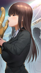 Rule 34 | 1girl, 3boys, a1 (initial-g), black jacket, blazer, breasts, brown eyes, brown hair, commentary request, girls und panzer, jacket, large breasts, long hair, long sleeves, multiple boys, nishizumi shiho, open mouth, solo focus, stadium, sweat