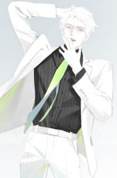 Rule 34 | 1boy, albino, alternate costume, arm behind head, axis powers hetalia, belt, black shirt, blazer, collared shirt, covering own mouth, gradient necktie, green necktie, grey background, hand over own mouth, highres, huacai, jacket, male focus, necktie, open mouth, pale skin, pants, prussia (hetalia), red eyes, shirt, short hair, simple background, smile, white hair, white pants