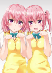 Rule 34 | 10s, 2girls, aqua bow, aqua bowtie, blush, bow, bowtie, fang, hair ornament, highres, looking at viewer, momo velia deviluke, multiple girls, murio, nana asta deviluke, open mouth, paw pose, pink hair, purple eyes, short hair, siblings, sisters, sweater vest, to love-ru, to love-ru darkness, twins, twintails