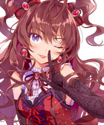Rule 34 | 1girl, ;p, black gloves, blue eyes, bow, brown hair, earrings, elbow gloves, floating hair, gem, gloves, hair bow, ichinose shiki, idolmaster, idolmaster cinderella girls, idolmaster cinderella girls starlight stage, index finger raised, inzup, jewelry, long hair, looking at viewer, one eye closed, print gloves, red bow, red ribbon, ribbon, solo, striped, striped bow, tongue, tongue out, twintails, upper body, very long hair