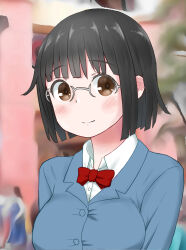 Rule 34 | 1girl, black hair, blue jacket, blunt bangs, blunt ends, blurry, blurry background, blush, bob cut, bow, bowtie, breasts, brown eyes, building, close-up, closed mouth, commentary, depth of field, dress shirt, durarara!!, glasses, grey-framed eyewear, highres, jacket, large breasts, light smile, looking at viewer, outdoors, portrait, red bow, red bowtie, school uniform, semi-rimless eyewear, shirt, short hair, smile, solo, sonohara anri, taut jacket, tree, upper body, wataru ryourei, white shirt