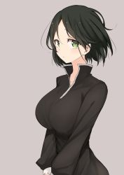 Rule 34 | 1girl, absurdres, black dress, breasts, dress, green eyes, green hair, grey background, highres, large breasts, long sleeves, looking at viewer, original, parted lips, pointy ears, ringed eyes, rucchiifu, simple background, solo, standing, upper body, v arms