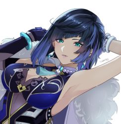 Rule 34 | 1girl, aqua eyes, arm up, armpits, asymmetrical gloves, asymmetrical hair, black hair, blue hair, bob cut, breasts, diagonal bangs, dice, dutch angle, earrings, elbow gloves, genshin impact, gloves, gradient hair, highres, jacket, jacket on shoulders, jewelry, large breasts, looking at viewer, mismatched gloves, mole, mole on breast, multicolored hair, parted lips, simple background, single elbow glove, smile, solo, submarine (o0azure0o), tassel choker, upper body, yelan (genshin impact)