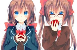 Rule 34 | 2girls, :o, apple, blazer, blue eyes, blue jacket, blush, bow, bowtie, breasts, brown hair, cardigan, collared shirt, commentary request, food, fruit, glasses, hair between eyes, hair bow, hand up, holding, holding food, holding fruit, jacket, long hair, long sleeves, looking at viewer, low twintails, medium breasts, multiple girls, open clothes, open jacket, open mouth, original, parted lips, peke (xoxopeke), red-framed eyewear, red bow, red neckwear, school uniform, shirt, side-by-side, sidelocks, simple background, sleeves past wrists, tareme, teeth, twintails, undershirt, upper body, upper teeth only, v-shaped eyebrows, white background, white shirt, wing collar